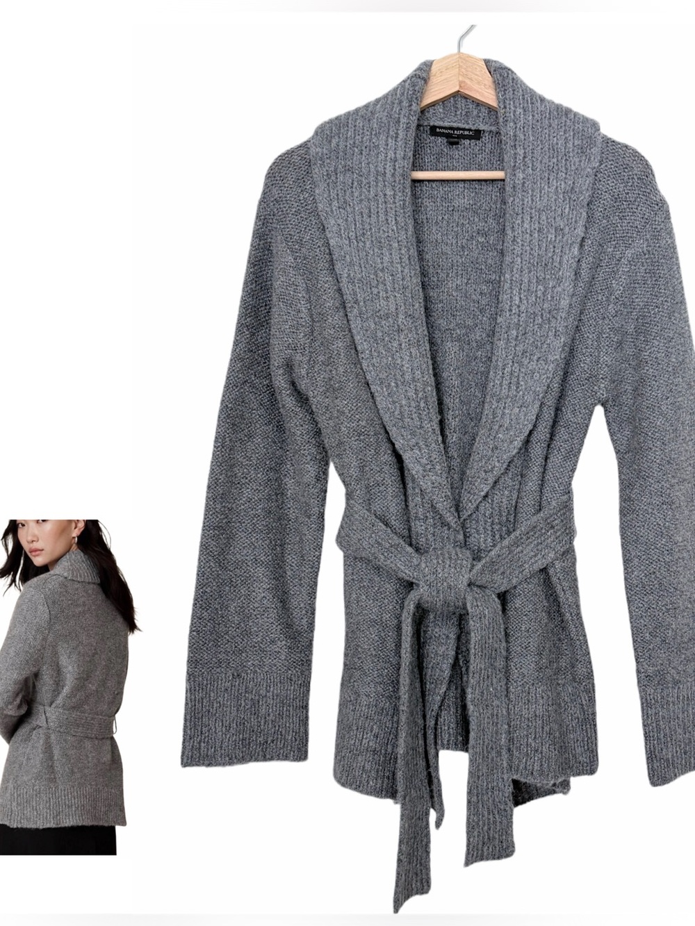 Banana Republic Cozy Shawl Collar Belted Sweater Cardigan Gray Medium Wool Alpac